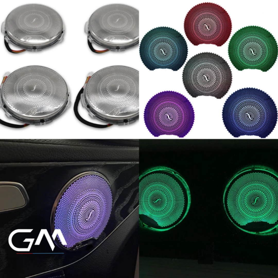 Mercedes ambient LED door speakers, illuminated speaker trim set for Mercedes, 4pcs ambient speakers for Mercedes C-Class, Mercedes GLC door speaker lights, E-Class LED door speaker covers, Mercedes interior LED speaker ring upgrade, door trim ambient light speakers Mercedes, Mercedes Benz C GLC E-Class speaker lighting kit, LED illuminated speaker trim 4pcs set, ambient sound lighting for Mercedes, Mercedes door speaker ambient kit for all doors.