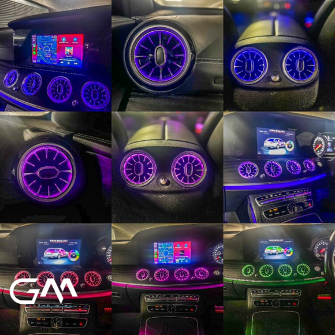 Mercedes air vents with ambient lighting, LED air vent kit for Mercedes Benz, ambient light AC vents for C-Class E-Class GLC, Mercedes turbine-style air vents, illuminated AC vents upgrade for Mercedes, plug and play ambient vents for Mercedes, interior air vent lighting kit Mercedes Benz, LED airflow vents for Mercedes dashboard, Mercedes ambient lighting air outlet, stylish Mercedes AC vent replacement, custom air vents for Mercedes interior upgrade.