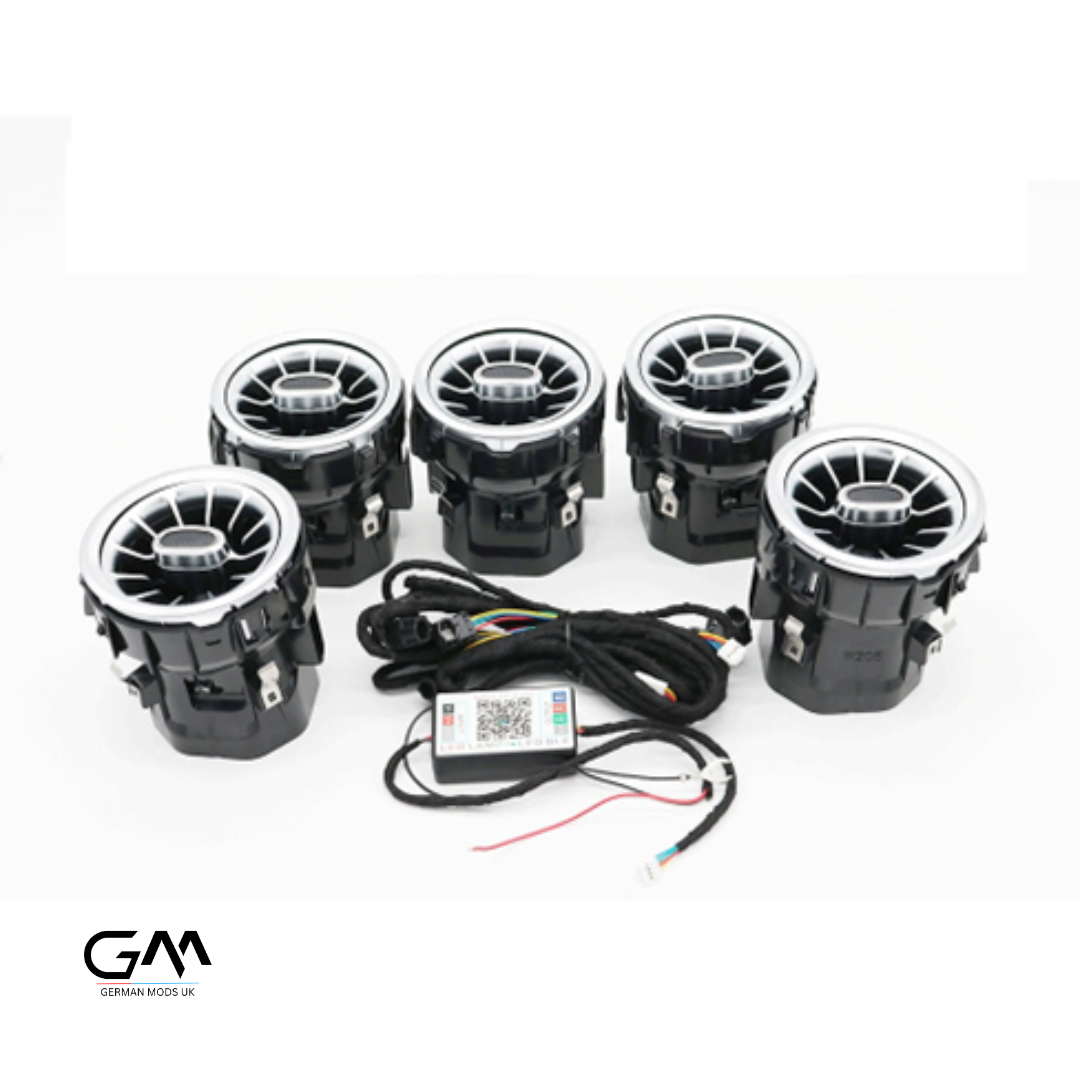 Mercedes Ambient Light Kit, Ambient Light Kit, German Mods UK, Mercedes air vents with ambient lighting, LED air vent kit for Mercedes Benz, ambient light AC vents for C-Class E-Class GLC, Mercedes turbine-style air vents, illuminated AC vents upgrade for Mercedes, plug and play ambient vents for Mercedes, interior air vent lighting kit Mercedes Benz, LED airflow vents for Mercedes dashboard, Mercedes ambient lighting air outlet, stylish Mercedes AC vent replacement, custom air vents for Mercedes interior.