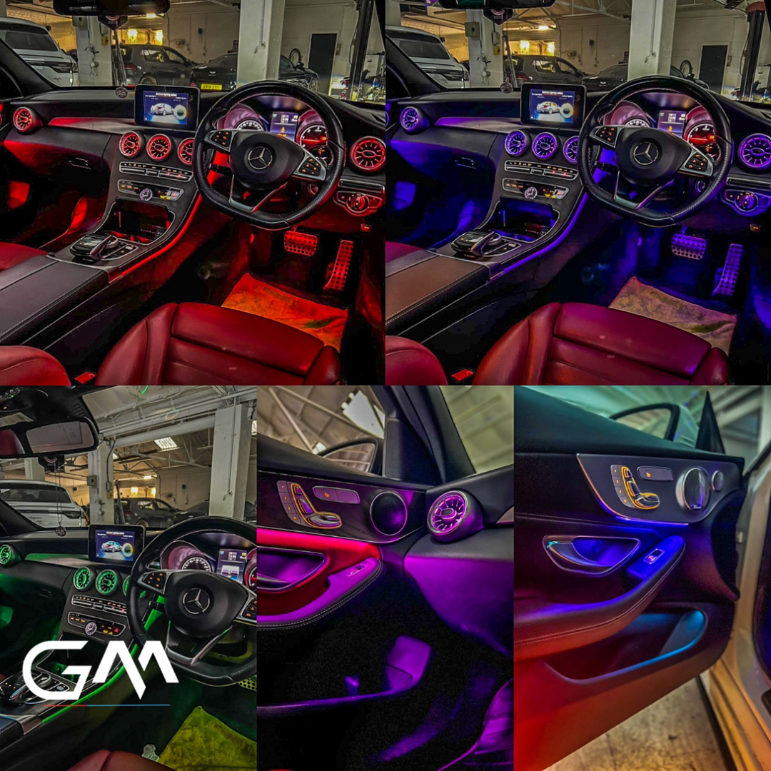 Mercedes ambient lighting upgrade, ambient light kit for Mercedes Benz, full interior ambient lighting for Mercedes, Mercedes ambient LED strips, plug and play ambient light system for C-Class E-Class GLC, multicolor ambient lighting for Mercedes interiors, Mercedes dashboard door footwell ambient lights, OEM-style ambient lighting retrofit, Mercedes mood lighting kit, luxury ambient package for Mercedes Benz, complete ambient light system for Mercedes vehicles.